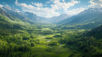 Naklejka premium Serene mountain valley bathed in sunlight, lush greenery, and a tranquil stream winding through the landscape.