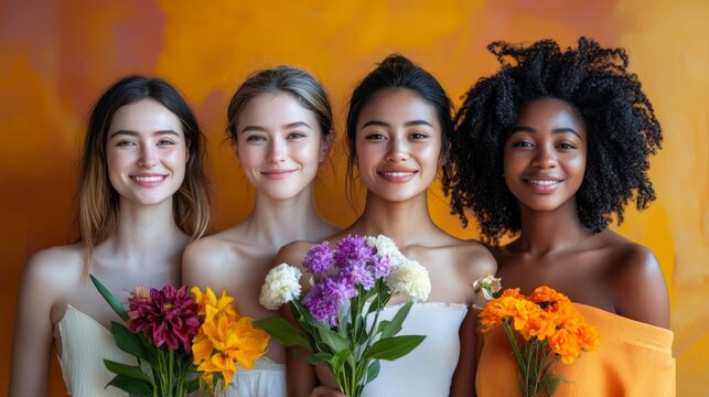 Diverse female florists are posing with colorful bouquets of flowers, smiling happily celebration women international day 8 of march