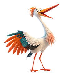 Obraz premium Cheerful Cartoon Stork Animated Bird Character Colorful Wings Open Mouth 3D Render