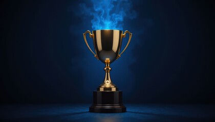 A shiny gold trophy cup signifies victory against isolated blue and black backgrounds