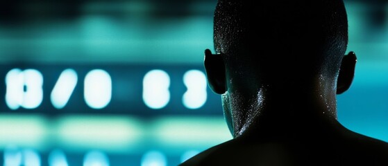 A swimmer prepares for a race, droplets glistening on their shoulders under vibrant pool lights, encapsulating determination and focus before the dive.