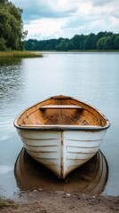 Obraz premium Wooden rowboat anchored quietly on a tranquil lake surrounded by lush greenery in a peaceful afternoon setting