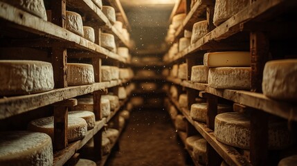 A dimly lit cheese cellar with rustic wooden shelves filled with aging cheese wheels of various sizes. 4