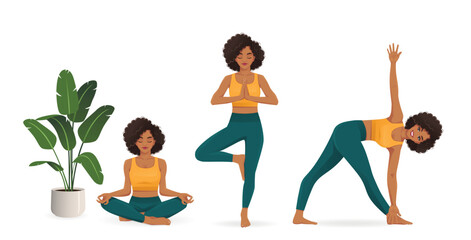 Young beautiful African American woman practicing yoga in different poses. Isolated vector illustration set