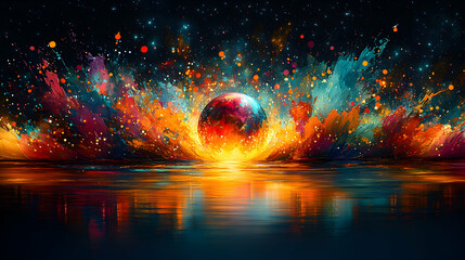 Fototapeta premium Colorful planet sunrise over water, starburst