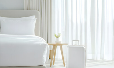bright hotel room featuring neatly made bed, small table, and white suitcase beside it. soft curtains allow natural light to fill space, creating serene atmosphere