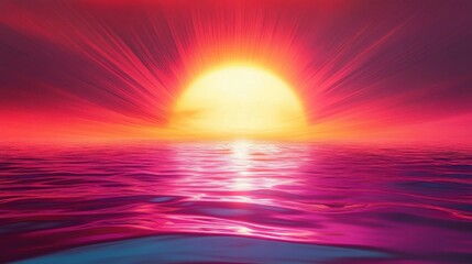 Obraz premium Massive neon sun sinking into a retro horizon distorted by VHS-like scanlines