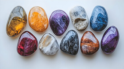 Colorful polished stones on white background