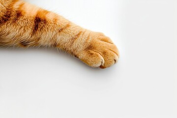 Ginger tabby cat paw resting on white background