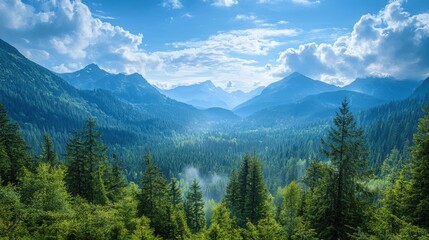 Fototapeta premium Majestic mountain range shrouded in a soft blue haze, a breathtaking panorama of evergreen forests and dramatic peaks under a vibrant sky.