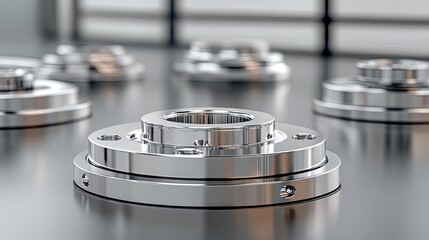 Detailed close-up of stainless steel flanges in an industrial setting, illustrating precision and complex machinery construction