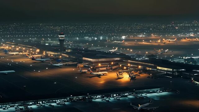 Nighttime airport scene revealing bustling tarmac with parked airplanes, city lights gleaming behind expansive aviation infrastructure and vibrant urban skyline
