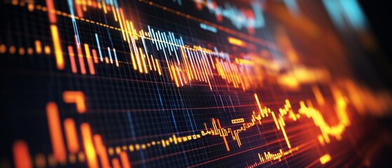 A vivid display of fluctuating market data with luminous graphs and charts showcases the pulse of the financial world.