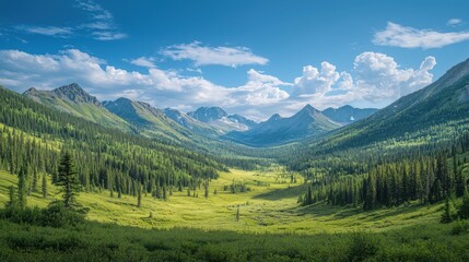 Fototapeta premium Majestic mountain valley bathed in sunlight. Lush green meadows and evergreen forests stretch towards towering peaks under a vibrant blue sky. A serene and breathtaking landscape.