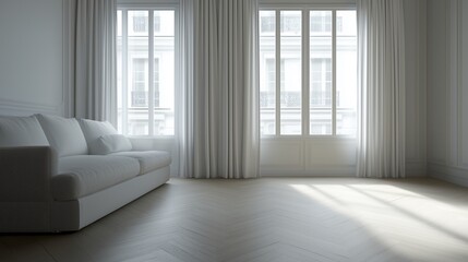 Obraz premium Minimalist bright living room with white sofa, large windows, and flowing curtains. Modern interior design and tranquility.