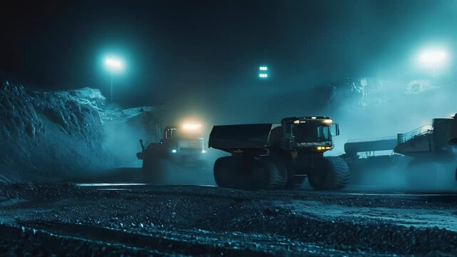 Massive mining trucks navigating rugged quarry terrain at night, powerful headlights revealing industrial landscape and dramatic operational atmosphere of extractive work