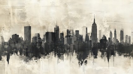 Obraz premium Wallpaper of a faded city skyline with vintage print imperfections and ink bleeds