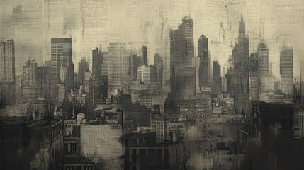 Backdrop with an old newspaper cityscape ink-smudged rooftops and misprinted details