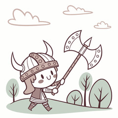 cute viking holding axe and using a helmet