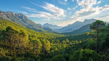 Serene mountain landscape bathed in the golden light of sunset. Lush green forests stretch as far as the eye can see, nestled between majestic mountain ranges under a vibrant sky.