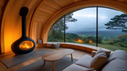 Fototapeta premium Cozy modern cabin with curved wooden interior and large panoramic window overlooking foggy mountain landscape. Warm fireplace enhances the tranquil ambiance.