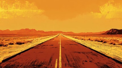 Desert road backdrop with halftone textures and golden sky in a 1970s-inspired palette