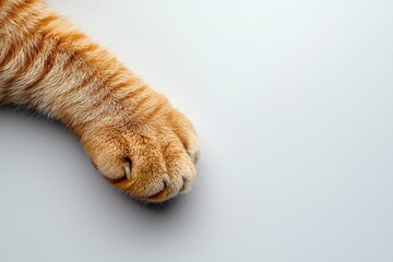 Ginger cat paw resting on white background with copy space