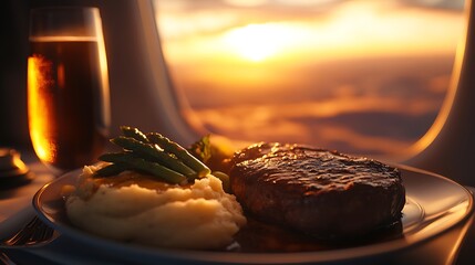 A decadent first-class meal, showcasing a flame-grilled Wagyu steak with a golden crust, paired with silky mashed potatoes infused with black truffle, and tender asparagus drizzled with olive oil,