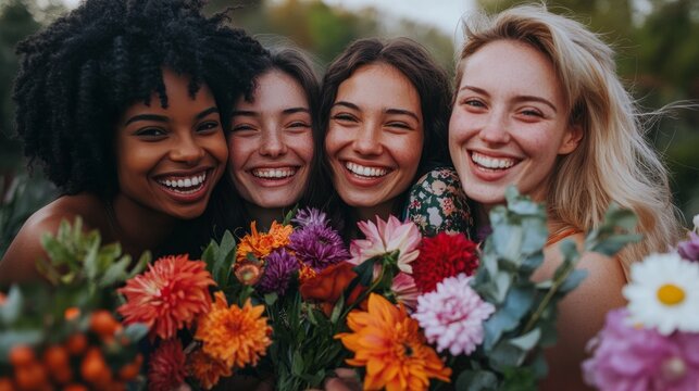Diverse female florists are posing with colorful bouquets of flowers, smiling happily celebration women international day 8 of march - Powered by Adobe