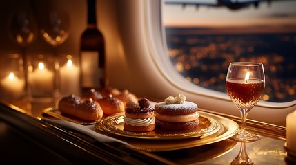 Obraz premium A decadent mid-air dessert course, featuring handcrafted éclairs with silky ganache, a tiramisu with rich mascarpone layers, and pralines infused with dark rum,