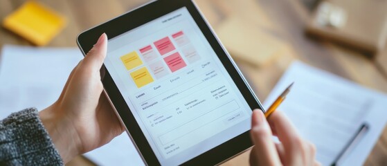 Hands hold a tablet displaying organized charts and notes, representing productivity and efficient task management.