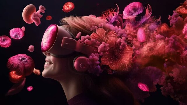expression of A lone person wearing VR. surround by bioluminescent creature that communicates through glowing patterns and harmonic sounds. 4k video footage