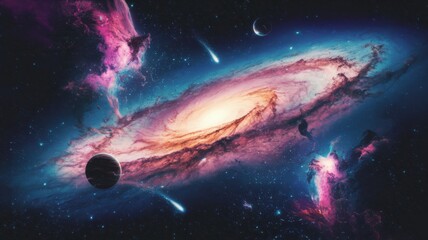 A cosmic landscape filled with vibrant intergalactic elements. The celestial bodies in the foreground, including planets, stars, and comets, hover in a seemingly endless void.