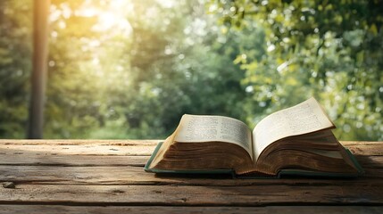 Serene and Bright Composition of an Open Book Resting on a Wooden Table with Natural Sunlight Streaming in Through a Large Window Leaving Clean Copy Space on the Side