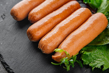 Sausages meat tasty fresh delicious gourmet food background table rustic food top view copy space