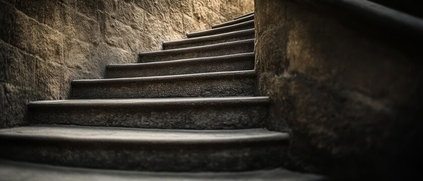 A curved stone staircase is bathed in natural light, suggesting history and mystery as it ascends a weathered wall.