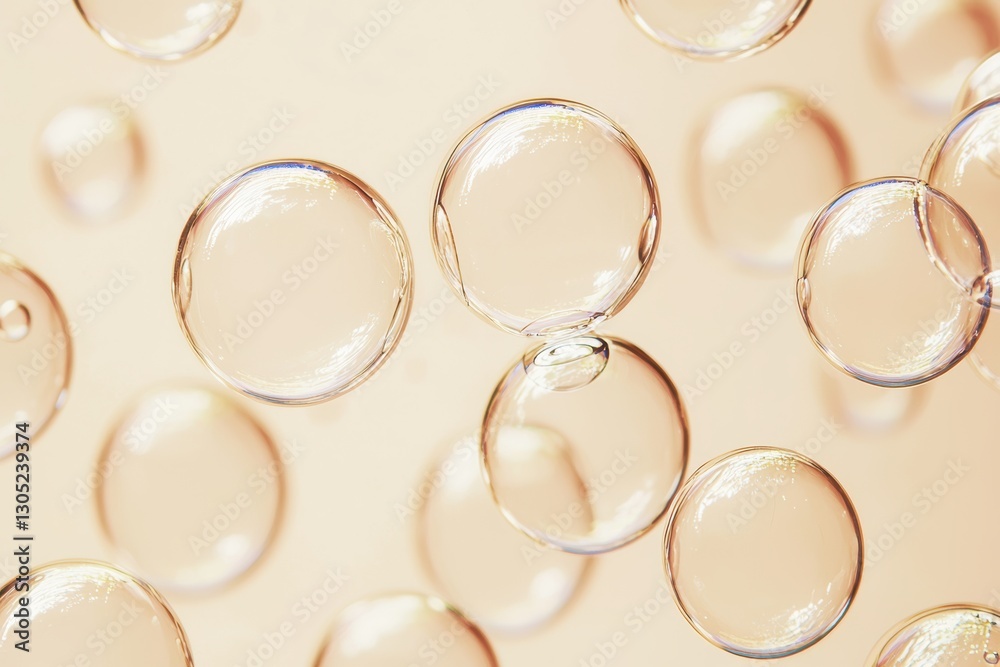 Poster transparent bubbles floating on a beige background: macro photography