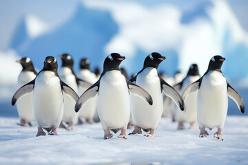 Obraz premium A group of penguins waddling on a snowy, icy landscape