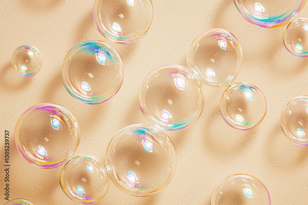 Poster Transparent soap bubbles floating on a beige background
