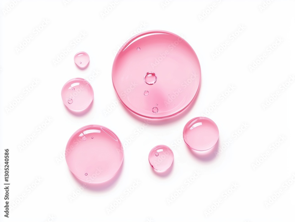 Poster Pink serum drops creating a textured pattern on white background