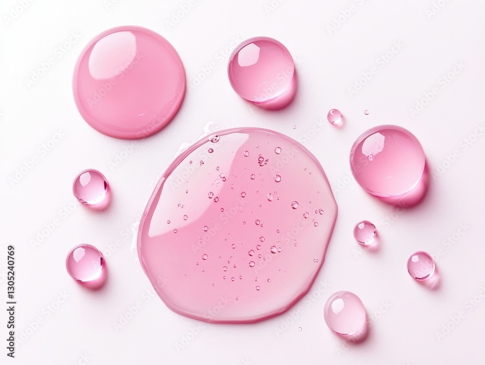 Poster Pink serum droplets creating textured pattern on white background