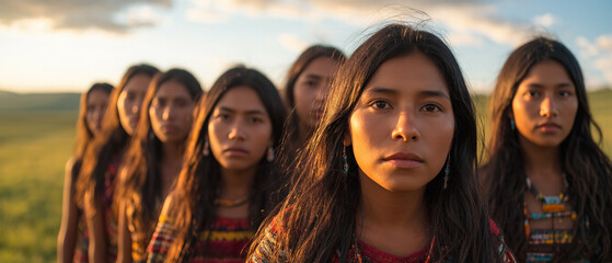 Group of indigenous women stand together in a field during sunset, showcasing traditional attire and culture