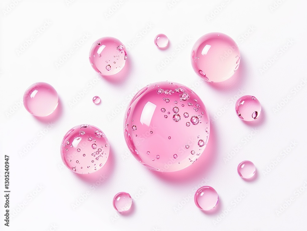 Aufkleber Pink serum drops with bubbles creating textured pattern on white background