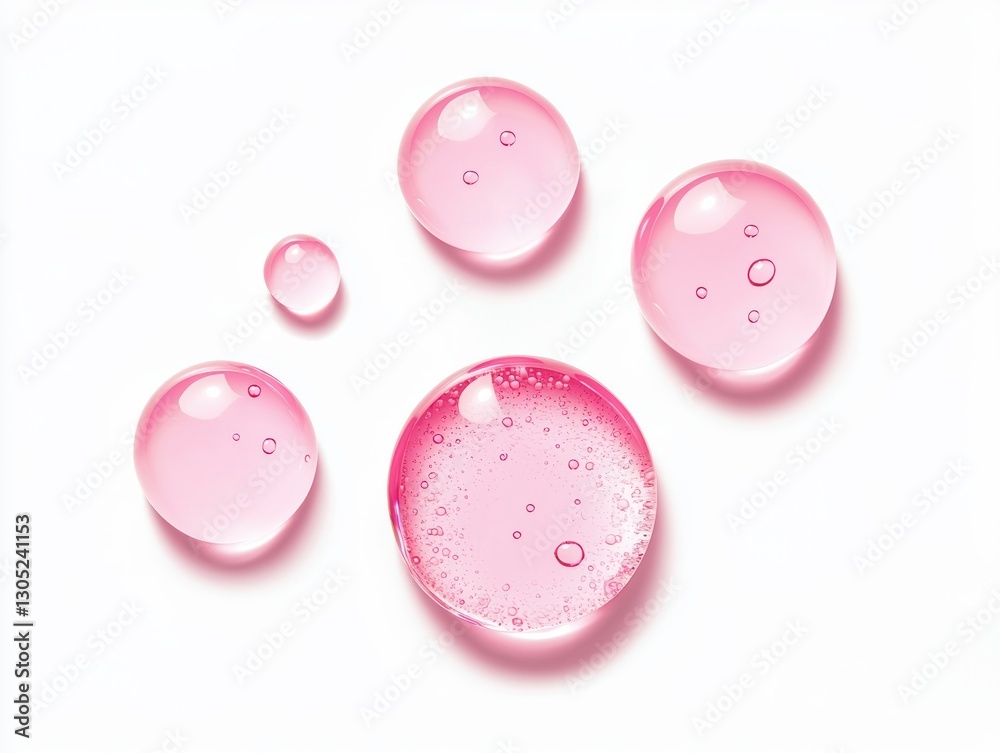 Poster pink serum drops with bubbles creating a textured pattern on white background