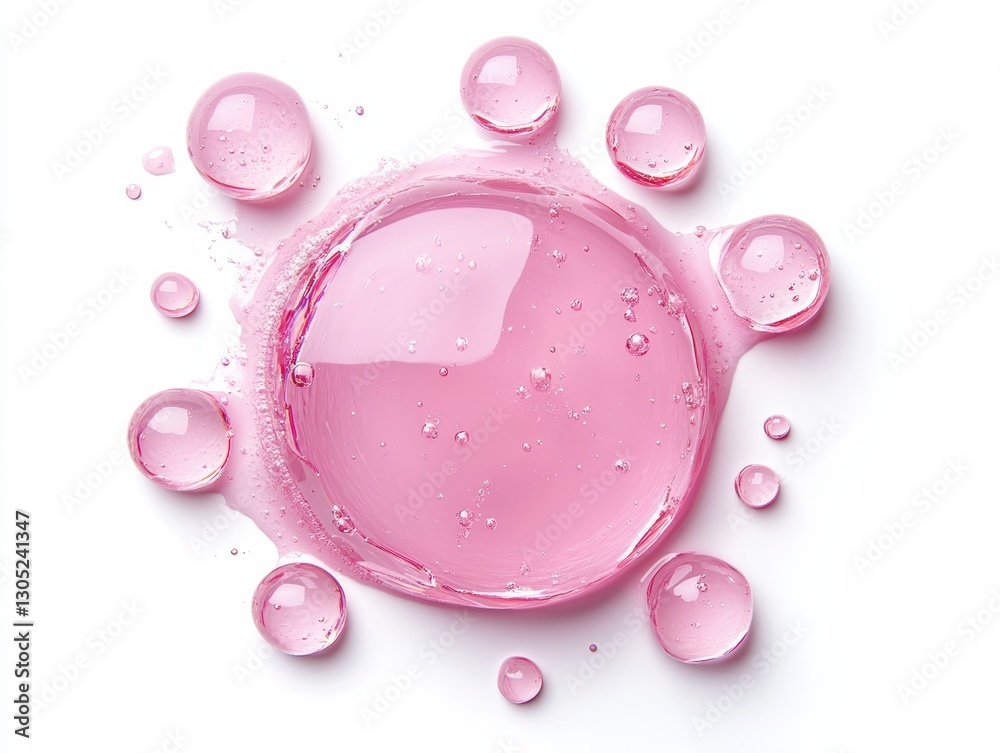 Poster Pink serum droplets creating a textured pattern on white background