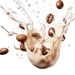 milk splash isolated on white A dynamic splash of creamy coffee with floating coffee beans, perfect for beverage and dessert themes.