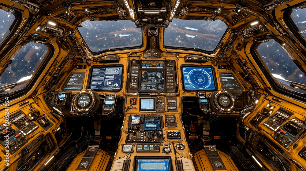 Poster exploring a futuristic spacecraft cockpit outer space digital interface high-tech environment immers