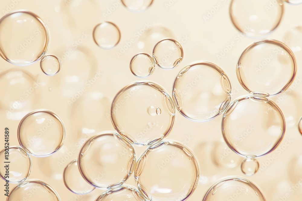 Poster Macro close-up of transparent bubbles floating on a beige background
