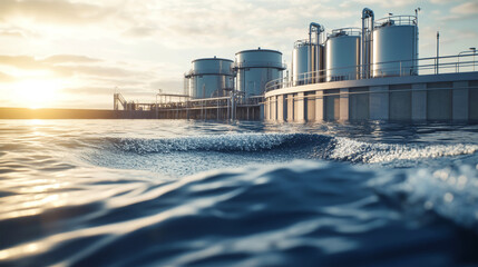 Obraz premium Innovative water desalination plant by the ocean harnessing natural lighting for sustainable solutions at sunset