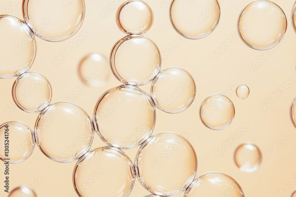 Poster transparent bubbles floating on a warm beige background: a macro photography delight